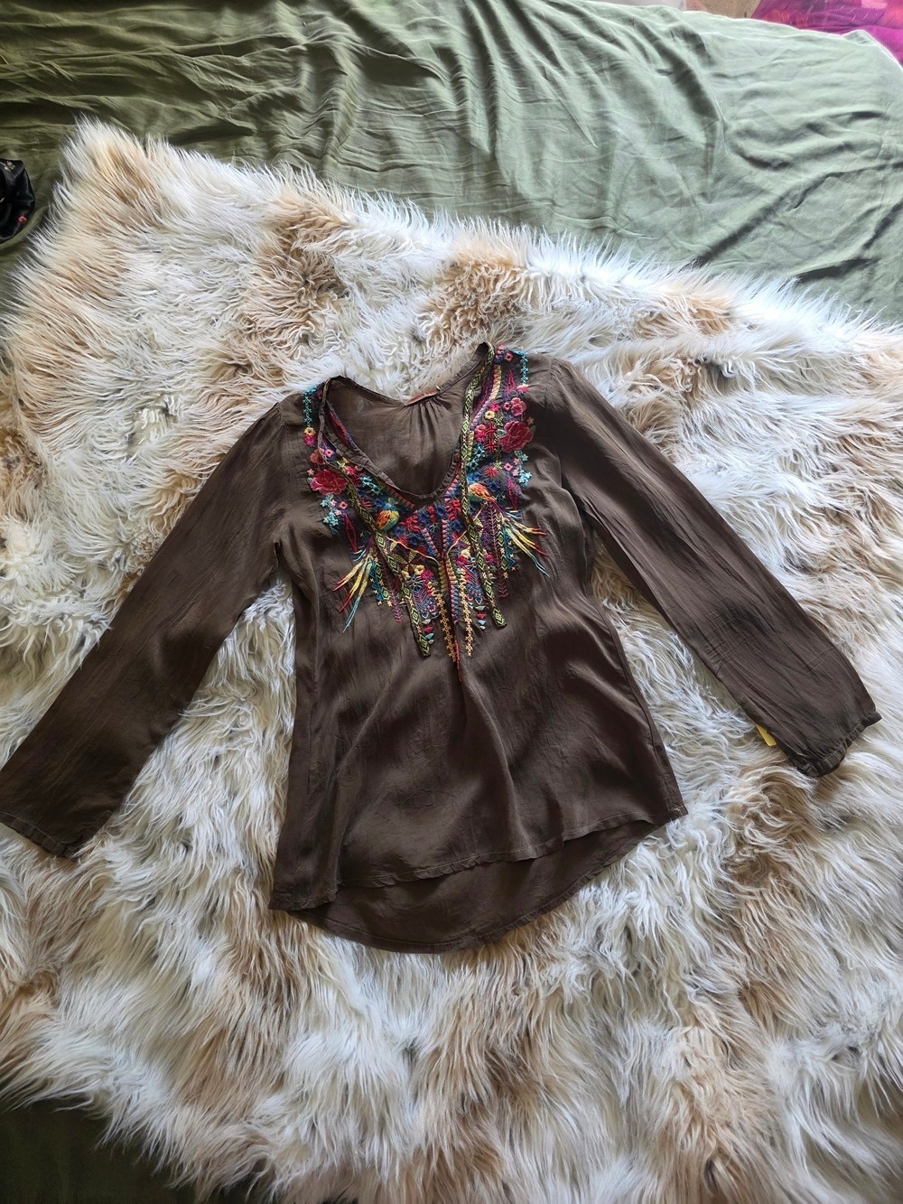 Johnny Was Olive V-Neck Blouse Embroidered Multicolor